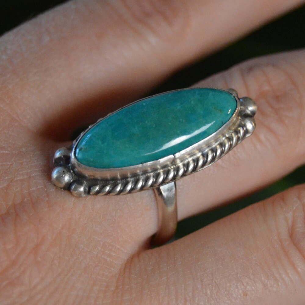 Large Navajo sterling silver and turquoise ring by Eugene Belone, Size 8.5